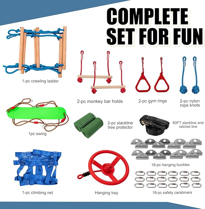 Slsy 60FT Ninja Warrior Obstacle Course with 10 Obstacles, Ninja Slackline Kit for Kids, Durable Playset Equipment for Boys & Girls with Monkey Bar, Swing, Climbing Ladder & Net