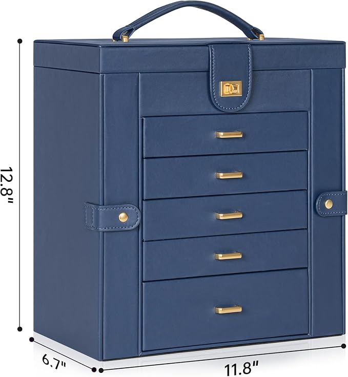 AKOZLIN Extra Large 6-Tier Jewelry Box Organizer Functional Huge, 5 Drawers Leather Jewelry Storage Case for Women Girls Ring Necklace Earring Bracelet Holder Organizer with Mirror Blue