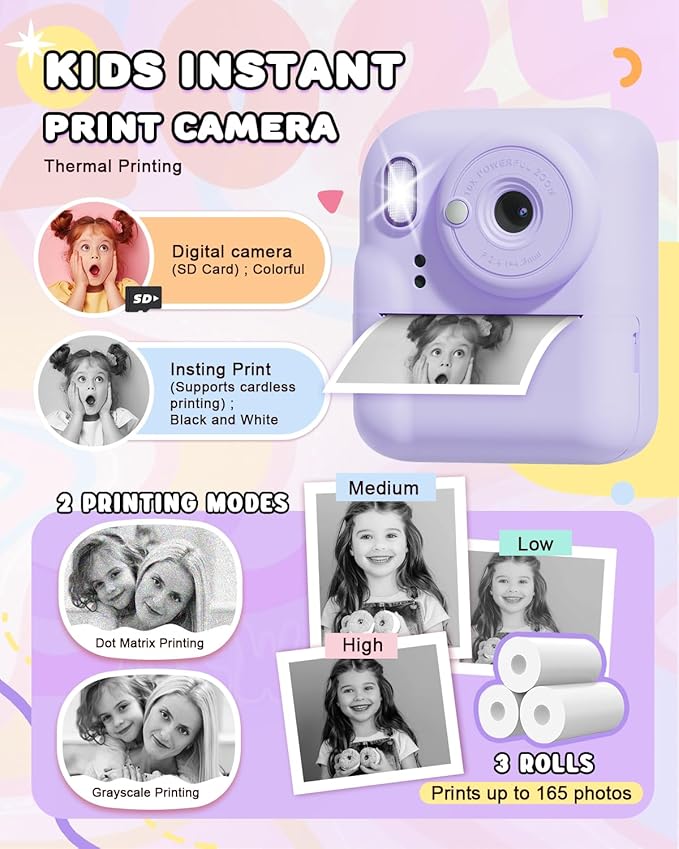 Kids Camera Instant Print, Upgrade Dual-Lens Selfie Digital Camera for Kids, Christmas Birthday Gifts Toys for Boys Girls Age 3-12, HD 1080P Toddler Portable Toy with SD Card 3 Rolls Print Paper