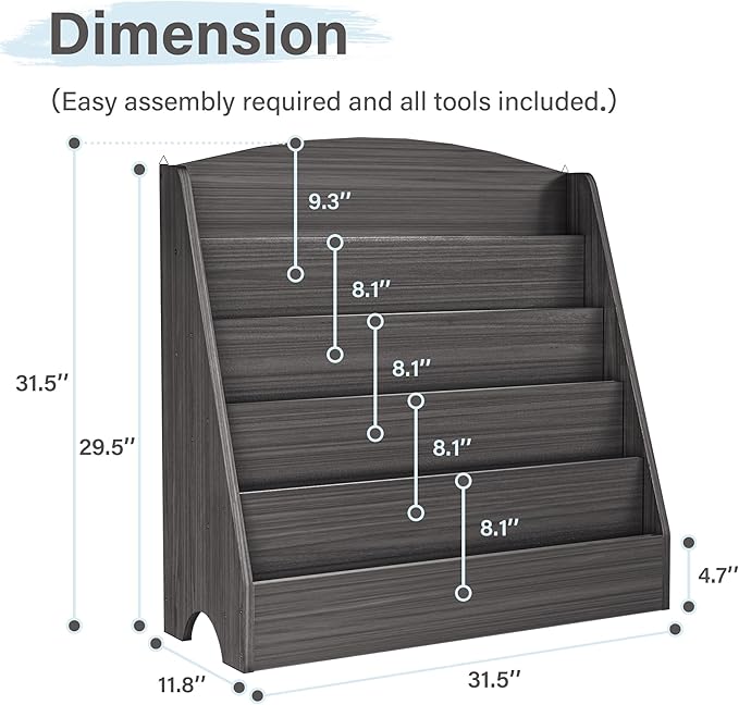 TOETOL 5-Tier Kids Bookshelf - Toddler Book Display Shelves for Classrooms, Playrooms, and Nursery - Wooden Children Book Rack (Gray Wash)