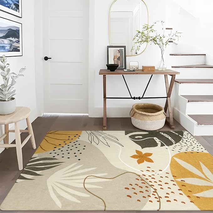 Lahome Boho Rug for Living Room - 5 x 7 Area Rugs Washable Non-Slip Soft Bedroom Carpet Ultra-Thin Throw Tan Dining Room Rug, Botanical Print Indoor Modern Floral Rug for Office Nursery Kids Room