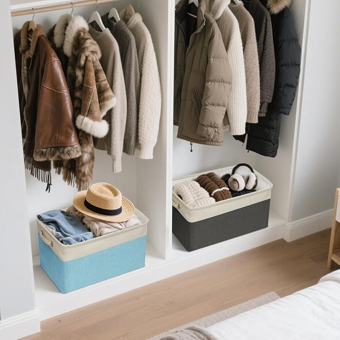 BALEINE 3 Pack Fabric Storage Bins for Shelves, Linen Storage Baskets for Organizing, Decorative Closet Bins for Clothes, Home (Black, 15"x11"x9.5")