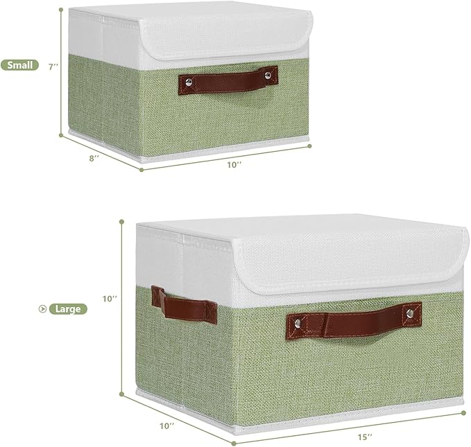 ANMINY 2PCS Storage Boxes with Lid Washable Decorative Storage Bins Basket with PU Leather Handle Foldable Linen Fabric Storage Cubes Containers for Home Closet Organizer - Green White, Large Size