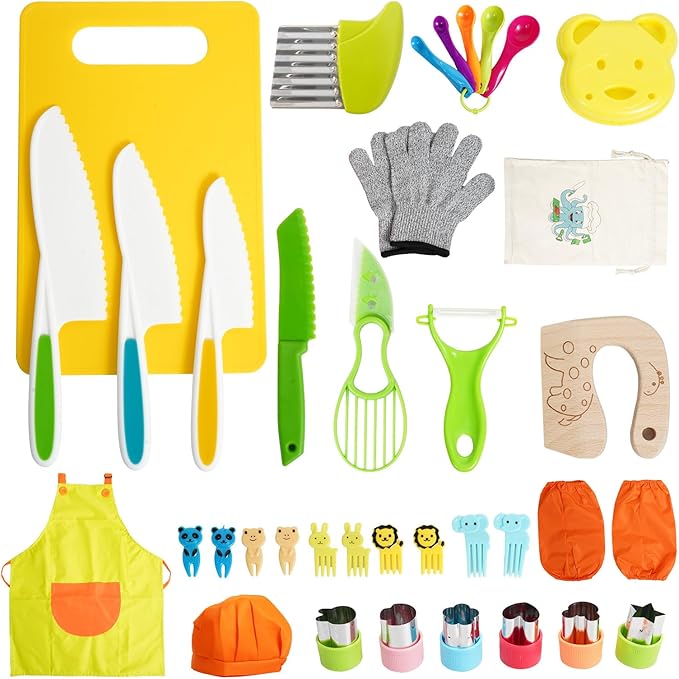 38 Pcs Kids Knife Set, BPA Free Montessori Kitchen Cooking Tools-Kid Safe Knifes, Crinkle Cutters, Avocado Slicer, Cutting Board, Peeler, Apron Gloves Set, Kitchen Tools for 3+ Year Old Girl Boy