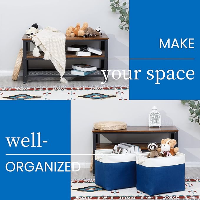 Bidtakay Large Canvas Organization Bins Set of 2 Navy Blue Rectangular Baskets 17x12x15 in for Blankets, Clothes, Towels, Dog Toys Storage