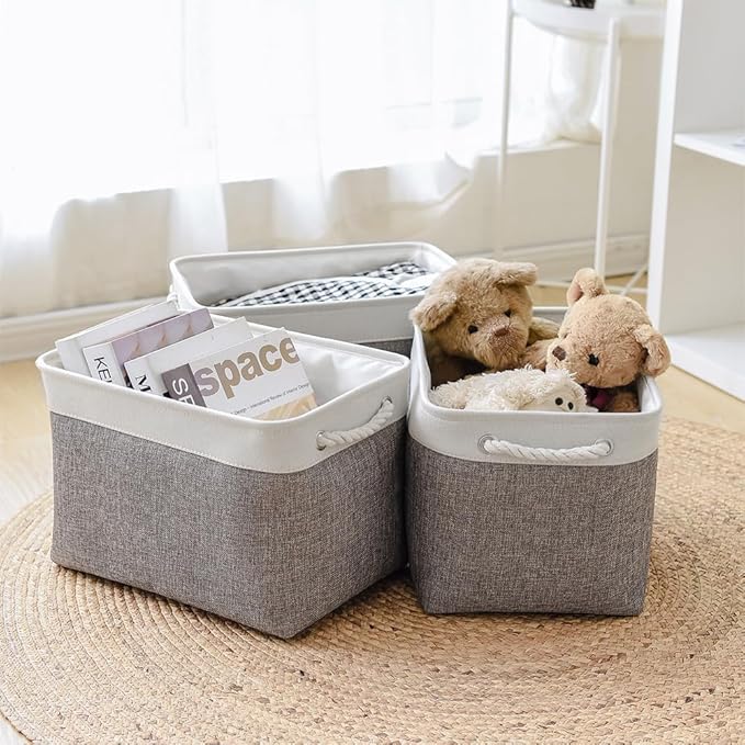 TheWarmHome Organization and Storage Basket for Organizing - 3 Pack 16x12x12 inch Cube Storage Bin Fabric Storage Cubes for Organizer Cloth Gift Toy Closet (White & Grey)