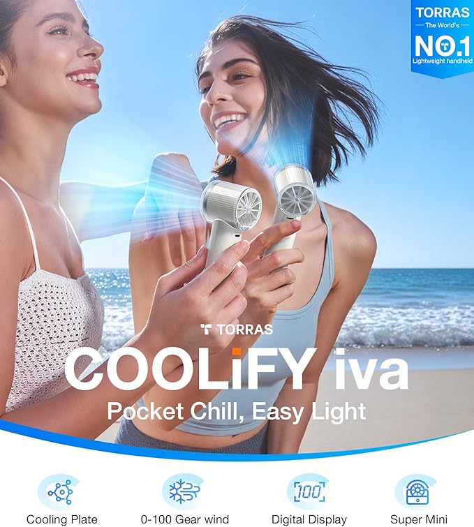 TORRAS COOLiFY iva Handheld Fan with Ice Cooler, [Chill by 50F], 0-100 Adjustable Speed, Super Mini Powerful Portable Fan 5000mAh Rechargeable, Hand Fans for Travel Essentials, Gifts for Women, Ivory