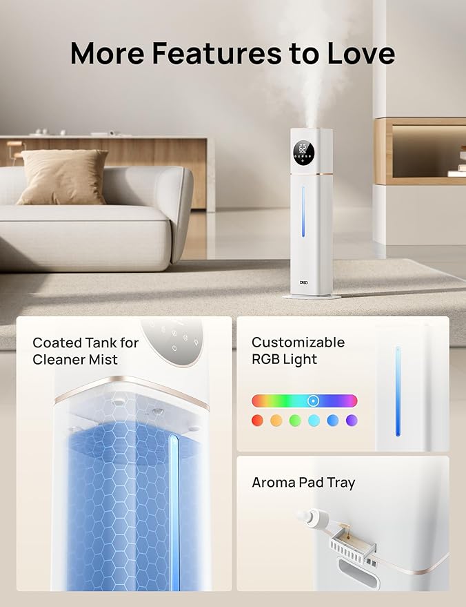 Dreo 11L Smart Humidifier Large Room 700 ft², 100H Cool Mist Air Humidifiers for Bedroom Baby Plants, Top-Fill Self-Cleaning Tank, 26dB, Auto Mode, RGB Light, Remote & APP Control, HM735S White