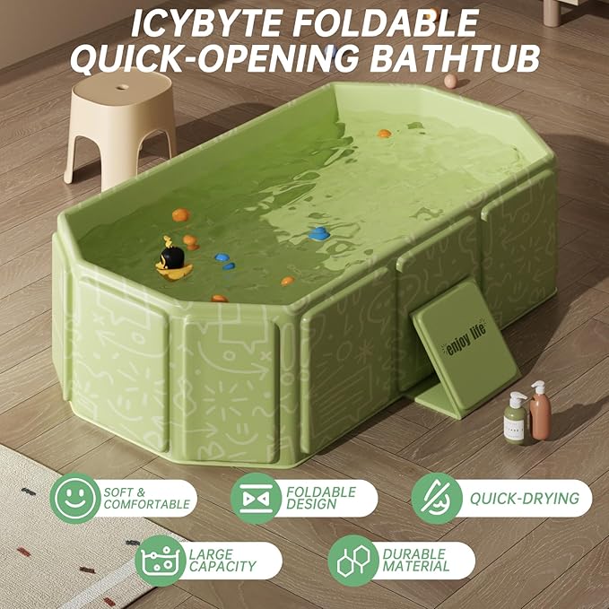 Baby Foldable Kids Bathtub for Infants to Toddler with Non-Slip Base,Easy Storage,Perfect for Small Spaces,Graffiti Green