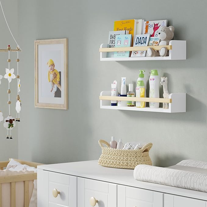 Wallniture Florida 24 inch Wall Bookshelf for Kids Room, Floating Shelves Nursery Decor, Wood White Wall Shelf Set of 2, Kitchen, Bathroom Decor (24'')