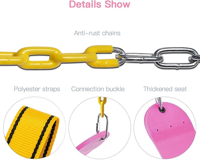 PACEARTH Swing Seat Support 660lb with 68.9 inch Anti-Rust Chains Plastic Coated 23.6 inch Tree Hanging Straps and Locking Buckles Outdoor Playground Tree Swing-Pink