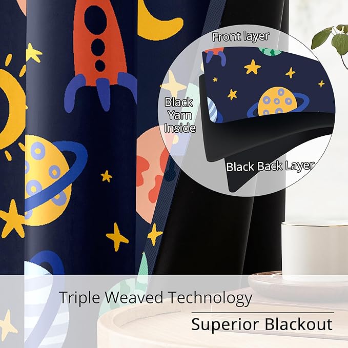 Kids Space Rockets Blackout Curtains - 100% Blackout, Thermal Insulated, Noise Reducing, Perfect for Kids Room and Nursery, 2 Panels (Color Pop Rockets, W52×L63)
