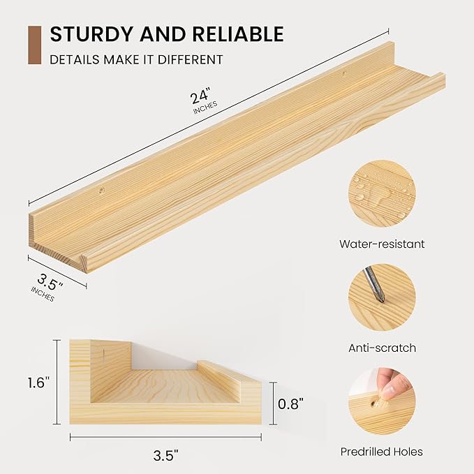 Picture Ledge Shelf, Solid Pine Wood Floating Shelves Set of 2, 24 Inches Nursery Book Shelves for Toys Storage, Kids Bookshelf Wall Mounted for Living Room Decor Photo Frames, Unfinished Natural