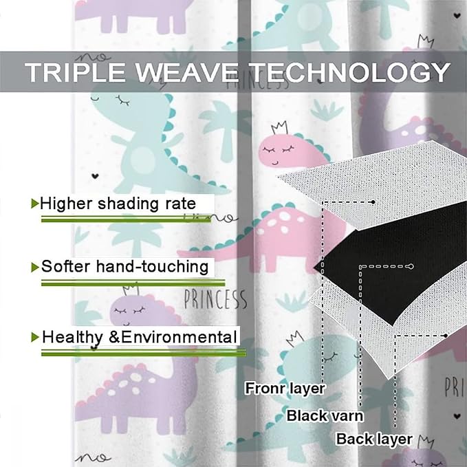 Kids Dinosaur Curtains for Boys Girls Bedroom Decor Cartoon Dino Colorful Cute Funny Animal Wildlife Printed Blackout Rod Pocket Window Drapes for Baby Nursery Playroom W36xL63in 2 Panels