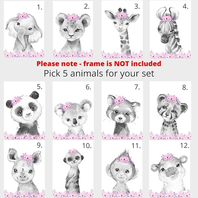 Personalized Safari Animals for Baby Girls Nursery Bedroom Unframed Set of 6 Poster Prints, Personalized Name Pink Purple Flowers Wall Art Decor New Baby Gift Present, Elephant Giraffe Panda Zebra Lion (12x16)