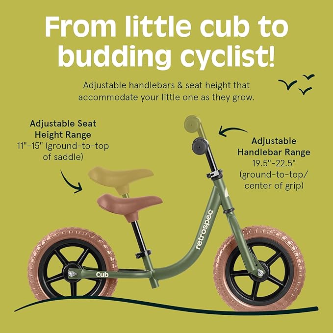 Retrospec Cub Toddler 12" Balance Bike, 18 Months - 3 Years Old, No Pedal Beginner Kids Bicycle for Girls & Boys, Flat-Free Tires, Adjustable Seat, & Durable Frame