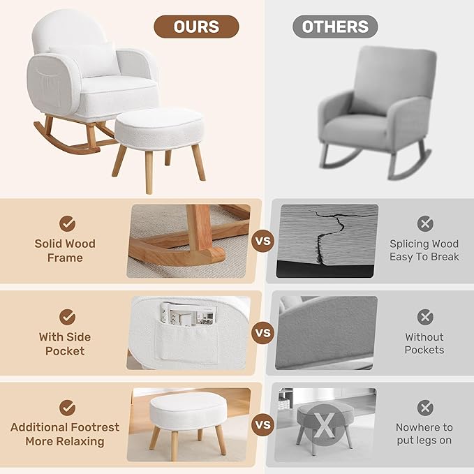 Rocking Chair Nursery with Ottoman, Upholstered Glider Rocker with High Backrest and Side Pocket, Rocking Accent Armchair with Solid Wood Legs for Nursery/Living Room/Bedroom White
