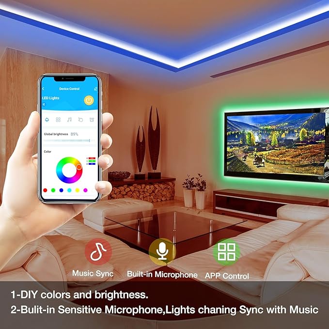 DAYBETTER Smart RGB Led Strip Lights, 50ft Led Lights for Bedroom with App Control, Multicolor Changing Led Light Strips Apply for Home Decor, Living Room, Kitchen, Home Party Decoration, 12V