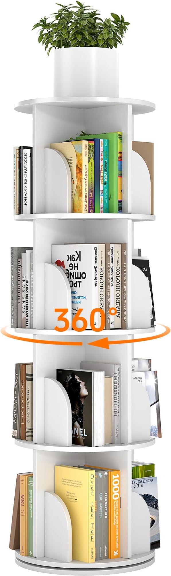 Rotating Bookshelf 4 Tier, 360 Degree Spinning Corner Bookcase with Lazy Susan, White Space Saving Tower Organizer for Small Spaces, Bedroom, Living Room, Adults & Kids