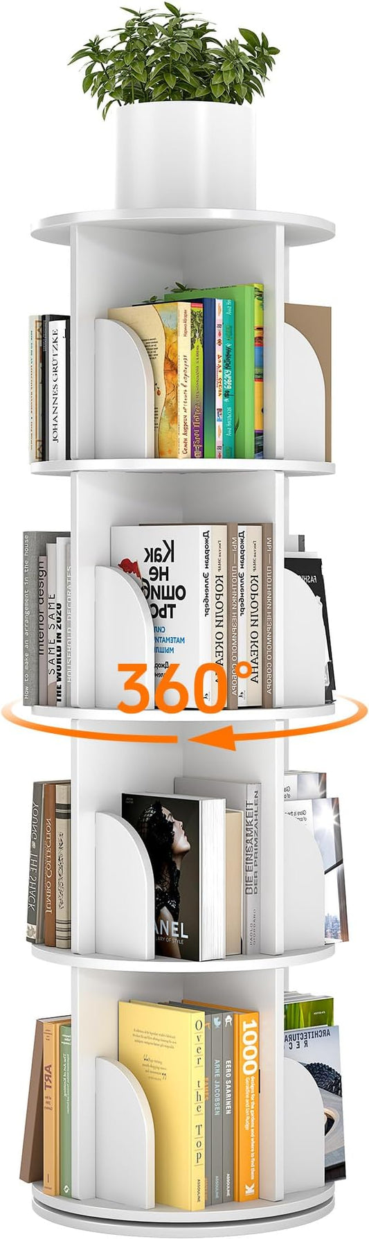 Rotating Bookshelf 4 Tier, 360 Degree Spinning Corner Bookcase with Lazy Susan, White Space Saving Tower Organizer for Small Spaces, Bedroom, Living Room, Adults & Kids