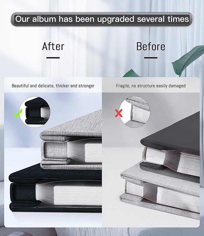 popotop Photo Album Self Adhesive with Picture Display Window,60 Pages DIY Scrapbooking Supplies Kit for 4x6 8x10 Picture,Linen Cover Memory Book for Baby Wedding, with Scraper and Metallic Pen