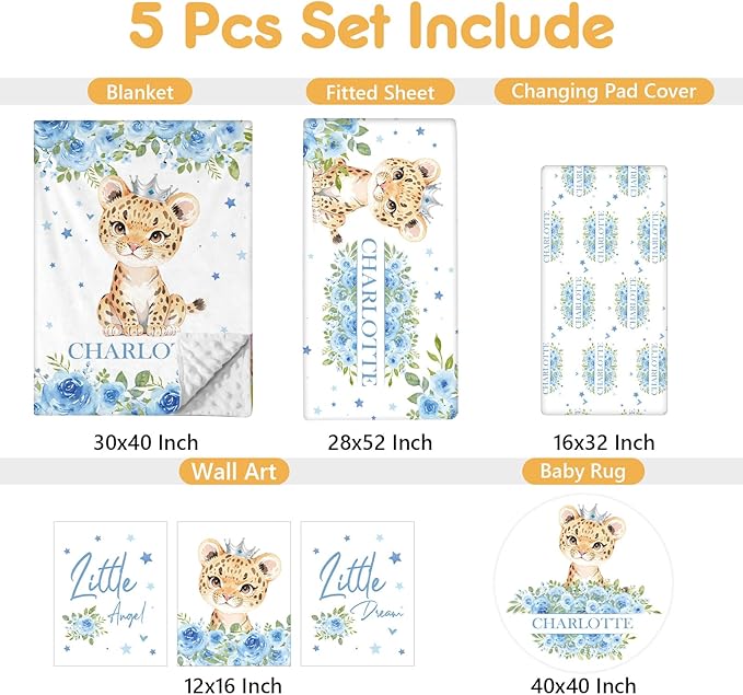 Personalized Crib Bedding Set, 5 Pcs Custom Nursery Bedding Sets with Name, Infant Bedding Set for Baby Boy Girl, Blue Leopard Double Layer Baby Crib Set, Babies Toddlers Kids Customized Gifts