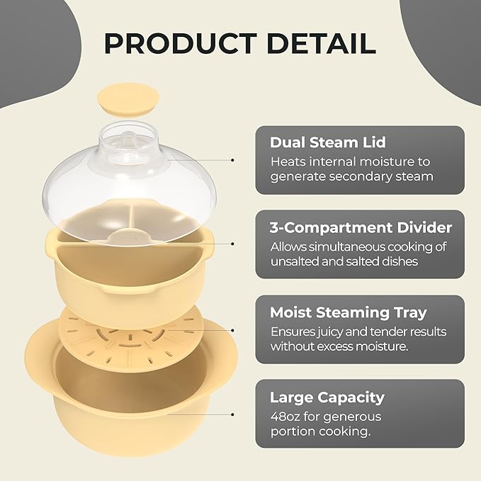 48oz Platinum Silicone 3 Compartmented Microwave Steamer Pot with Handle & Lid - Korea 100% Food-Grade Steamer Bowl, Heat-Resistant Cooker with Steam Holes, Easy Clean, Dishwasher Safe, Ivory