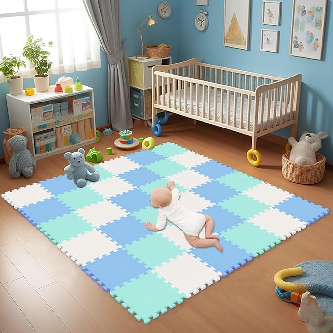 qqpp EVA Rubber 18 Tiles Interlocking Puzzle Foam Floor Mats - Baby Play Mat for Playing | Exercise Mat for Home Workout. White, Blue, Green. QC-AGHb18N