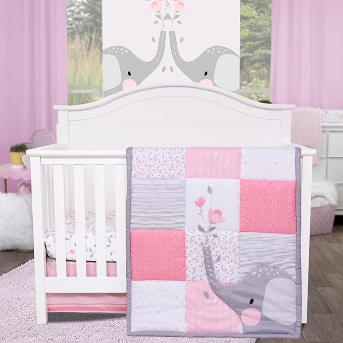 Cloele Elephant Crib Bedding Set for Girls - 3 Piece Baby Bedding Set Includes Comforter Fitted Sheet Crib Skirt - Pink Floral Standard Size Nursery Bedding Set Baby Crib Set for Girls
