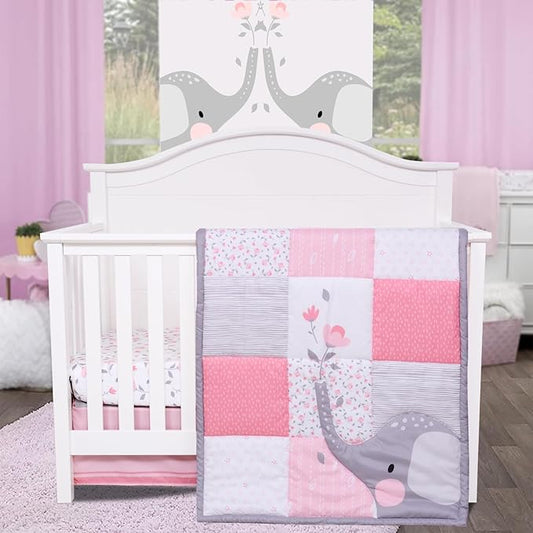 Cloele Elephant Crib Bedding Set for Girls - 3 Piece Baby Bedding Set Includes Comforter Fitted Sheet Crib Skirt - Pink Floral Standard Size Nursery Bedding Set Baby Crib Set for Girls
