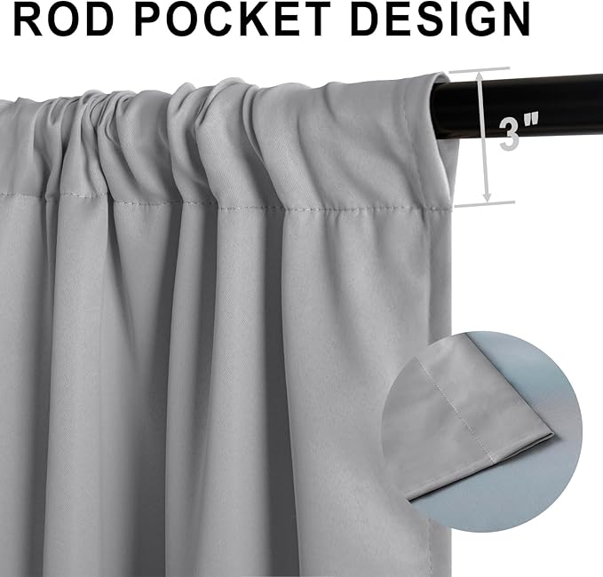 XWZO Complete Blackout Window Curtain Panels with Tiebacks- Rod Pocket Noise Reduction and Light Blocking Grommet Curtains with Black Liner for Studio, Basement Room, Grey, W52 x L54, Set of 2