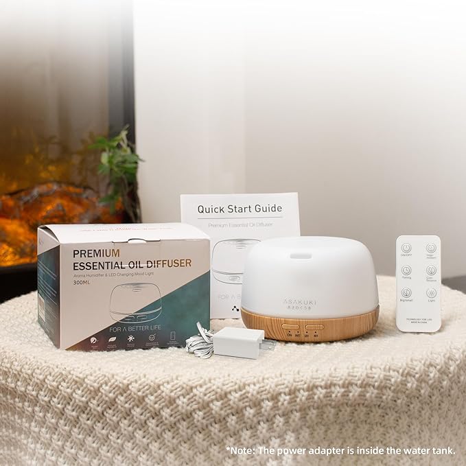 ASAKUKI Essential Oil Diffuser, 300ml Ultrasonic Aromatherapy Oil Humidifier with 7 Colors Lights 2 Mist Mode for Home