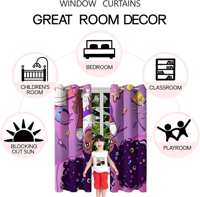 Black Girl Blackout Curtains 2 Panels 63" Inch Drapes for Kids Nursery Bedroom Purple Girls Blackout Curtains Cute Girls Themed Grommet Top Thermal Insulated Curtains for Nursery, 82" x 63"