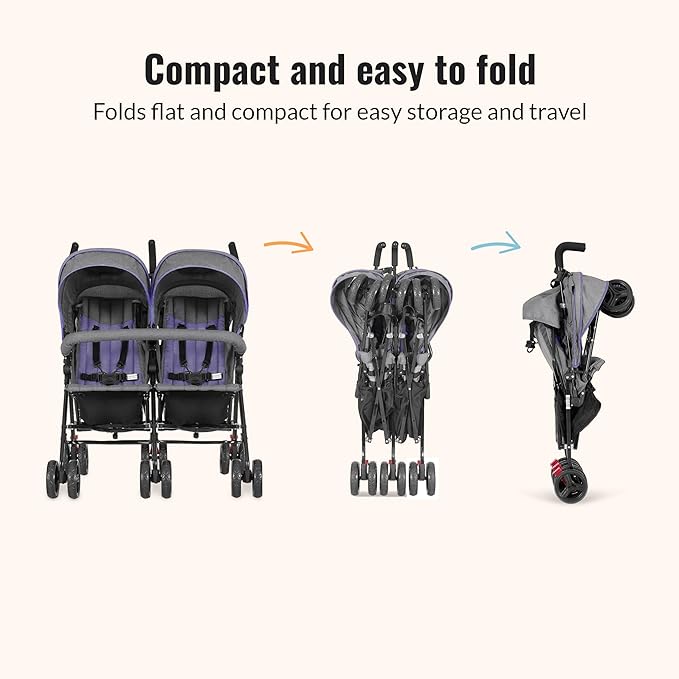 Dream On Me Volgo Twin Umbrella Stroller in Purple, Lightweight Double Stroller for Infant & Toddler, Compact Easy Fold, Large Storage Basket, Large and Adjustable Canopy