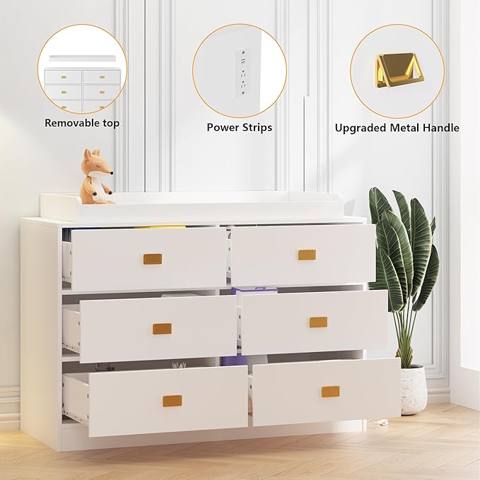 Dresser for Bedroom with 6 Drawers, Changing Table Dresser with Power Outlets, Soft Changing Pad & Removable Top, Baby Dresser with Changing Table Top for Nursery, White