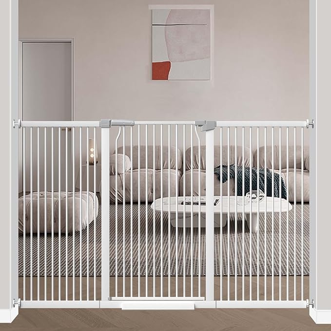 40.5" Extra Tall Baby Gate, 72.3"-74.1" Extra Wide Large Dog Pet Gate Indoor, Long Safety Child Gate for Stairs No Drill, Metal Auto Close Doggie Pet Gate for Doorway Stairs, White