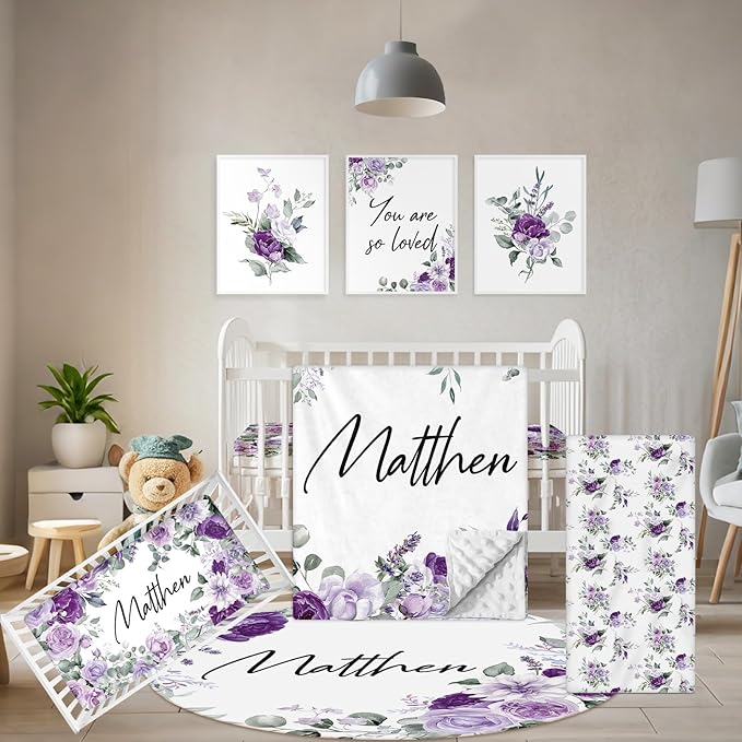 Personalized Baby Bedding Set - 5 Pcs Custom Toddlers Bedding Set with Infant Name - Soft Double Layer Nursery Crib Set for Girls Boys - Customized Infant Gifts for Baby Shower - Purple Flowers