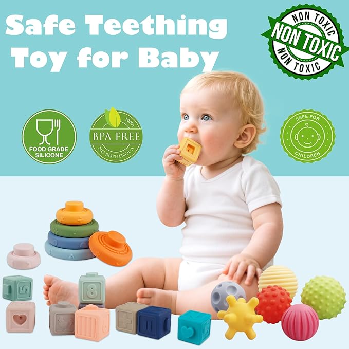 Montessori Toys Soft Stacking Building Blocks Rings Balls Sets 3 in 1 Baby Toys Bundle for Babies 6-12 Months Sensory for Toddlers 1-3 Teething Bath for Infants Learning Toy