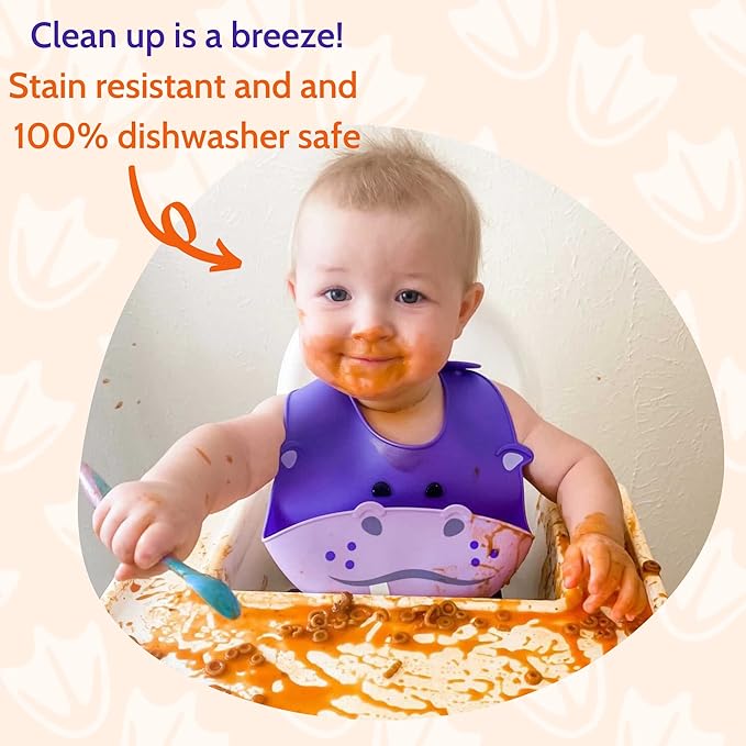 Silly Goose Set of 2 Silicone Animal Baby Bibs for Babies and Toddlers, Waterproof, Adjustable, Soft, Extra Wide Food Catcher Pocket (2PK Hippo+Bear)