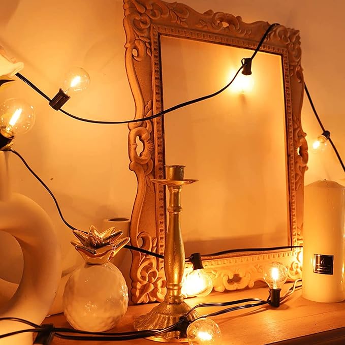 25Ft LED Outdoor String Lights Waterproof, Commercial Grade Patio String Lights with 27 G40 Warm White Bulbs, Hanging Outdoor Light for Backyard Wedding Garden Party Christmas Decorations-Black