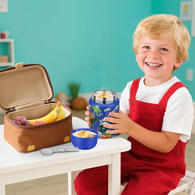 Soup Thermo for Hot Food Kids 16oz Insulated Food Jar Leakproof Thermo Lunch Container for Kids Wide-Mouth Stainless Steel Lunch Box for School with Handle Folding Spoon(3+)