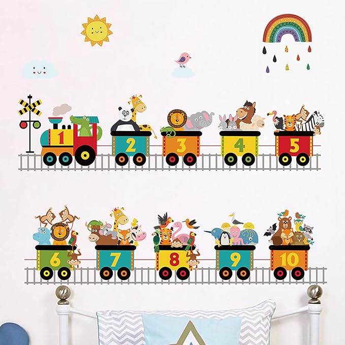 Alphabet Train Color Learning Educational Wall Decals Peel and Stick Cute Animal Wall Stickers for Educational Classroom Kids Playroom Bedroom Decorations (Train numbers02)