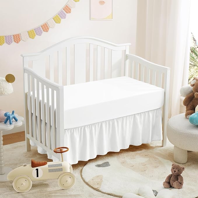 Horbaunal 2 Pack Crib Skirt & Crib Bed Sheet Set, White Crib Bed Skirt 28" x 52" with 14" Drop Dust Ruffle, Soft Microfiber Toddler Bedskirt Nursery Bedding Skirt for Baby Girls and Boys