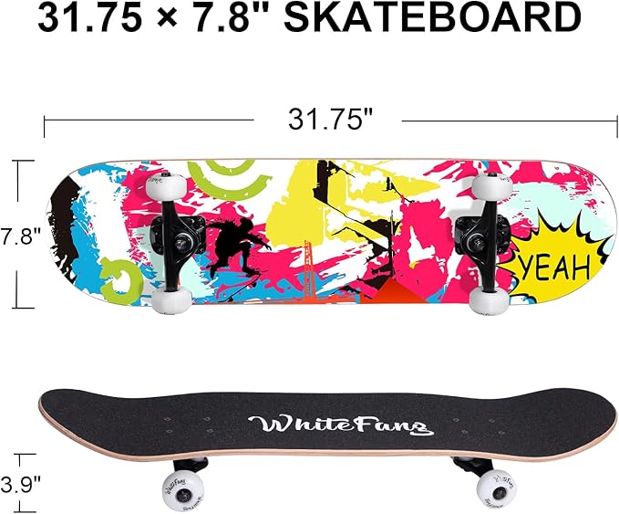 WhiteFang Skateboards for Beginners, Complete Skateboard 31 x 7.88, 7 Layer Canadian Maple Double Kick Concave Standard and Tricks Skateboards for Kids and Beginners