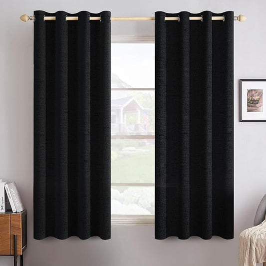 MIULEE Linen Texture Curtains for Bedroom Solid 100% Blackout Thermal Insulated Halloween Black Curtains Grommet Room Darkening Drapes for Living Room Nursery 52x54 Inch (2 Panels)