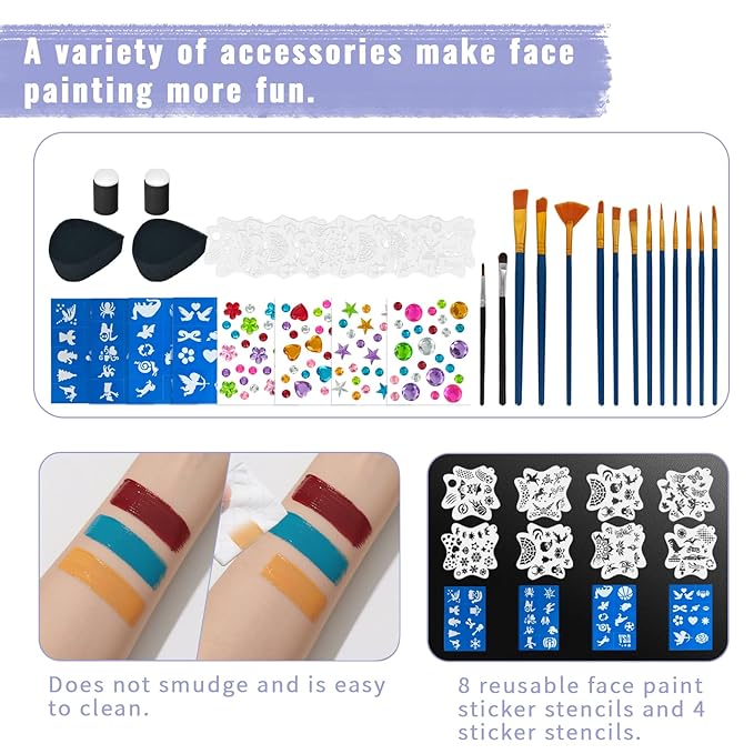 Face Painting Kit, Water Activated Face Paint Palette with Stencils, Brushes, Gems for Halloween Makeup, Parties, Carnival, School Event & Festivals (42 Colors)