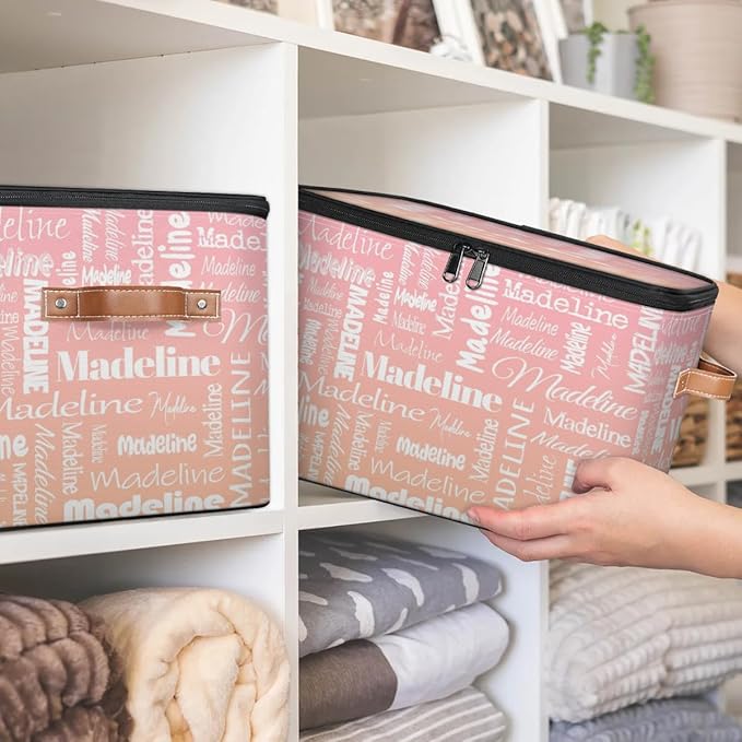 Custom Storage Basket with Name, Personalized Storage Bins with Zipper Lid, Foldable Fabric Storage Box Large capacity with Handle Pink Orange