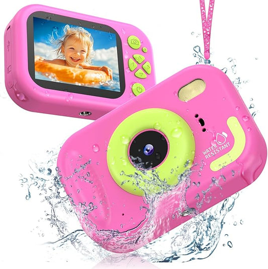 Kids Camera Waterproof, IP68 Underwater Camera for Kids Aged 3-12, HD Kids Digital Camera with 1080P Video Recording, Durable ABS Material, Pool Toys for Boys Girls with 32GB Card (Pink)