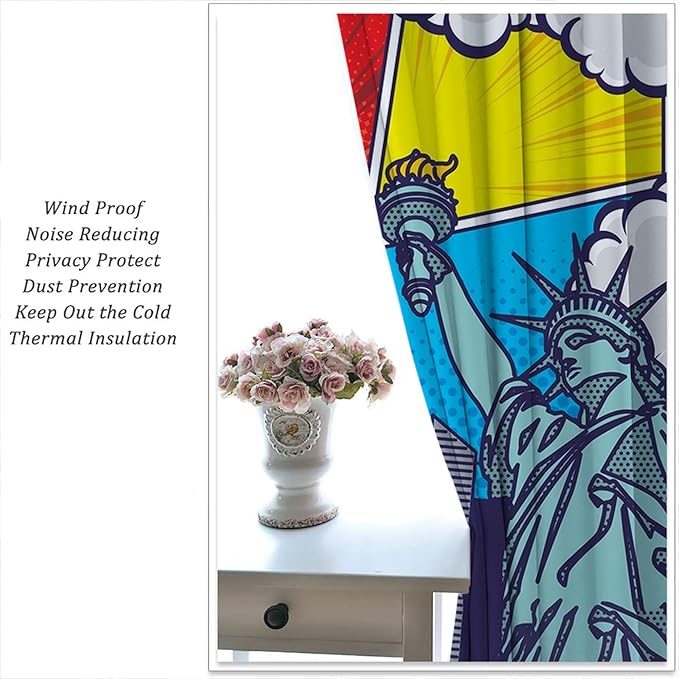 City Rod Pocket Blackout Curtains for Boy Girl Bedroom, Pop Art Style New York Cityscape Home Energy Efficient Light Filtering Window Curtain for Living Room, 84x84 inch
