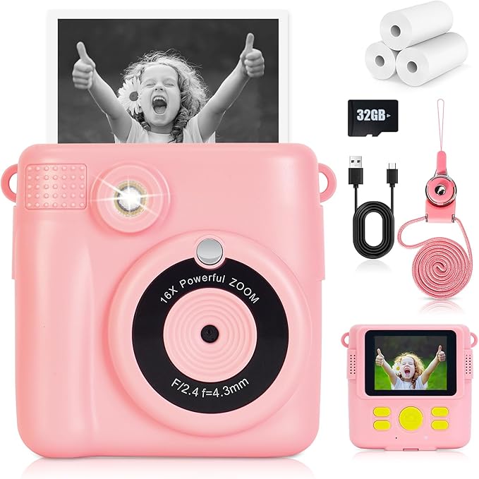 Instant Print Camera for Kids - 2.4 Inch Kids Camera Instant Print with Paper & 32G Card- Digital Children Toys as Christams Birthday Gifts for Girls Boys Age 3-12 - Pink